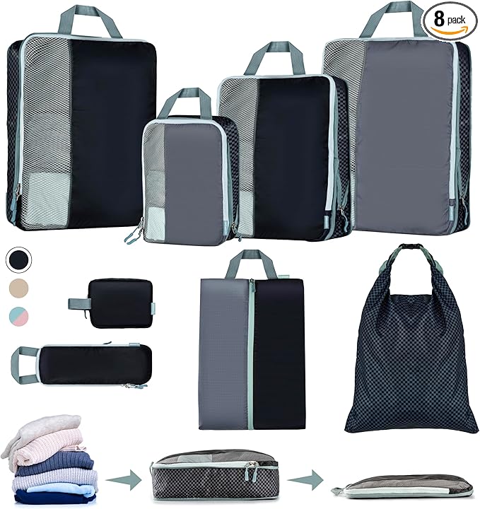 Set of 8 compression packing cubes for travel accessories- Expandable bags for clothing, toiletry, backpacks, organizing essentials (Black & Grey)