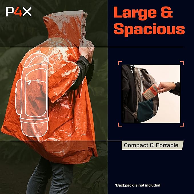 PREPARED4X Emergency Poncho and Mylar Blanket Liner - Waterproof, Wind-Resistant Outdoor Rain Poncho for Camping, Emergencies
