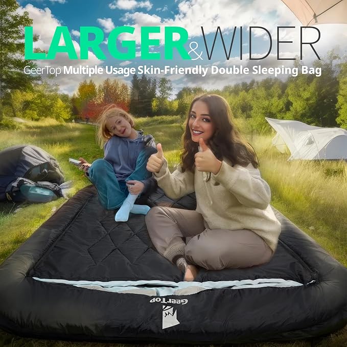 GEERTOP Comfort Doublewide Sleeping Bag with Blanket Queen Size Two Person Sleeping Bag for Adults, Couples & Family Camping