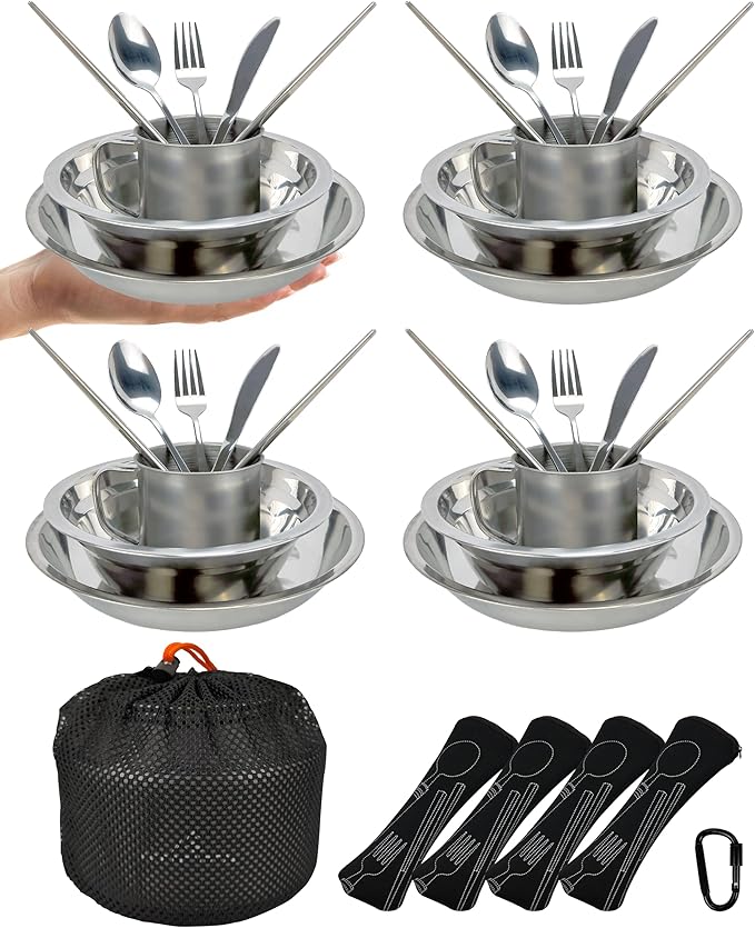 Stainless Steel Camping Mess Kit - Person's Complete Picnic & Camp Dish Set, Includes Plate, Bowl, Cup & Utensils