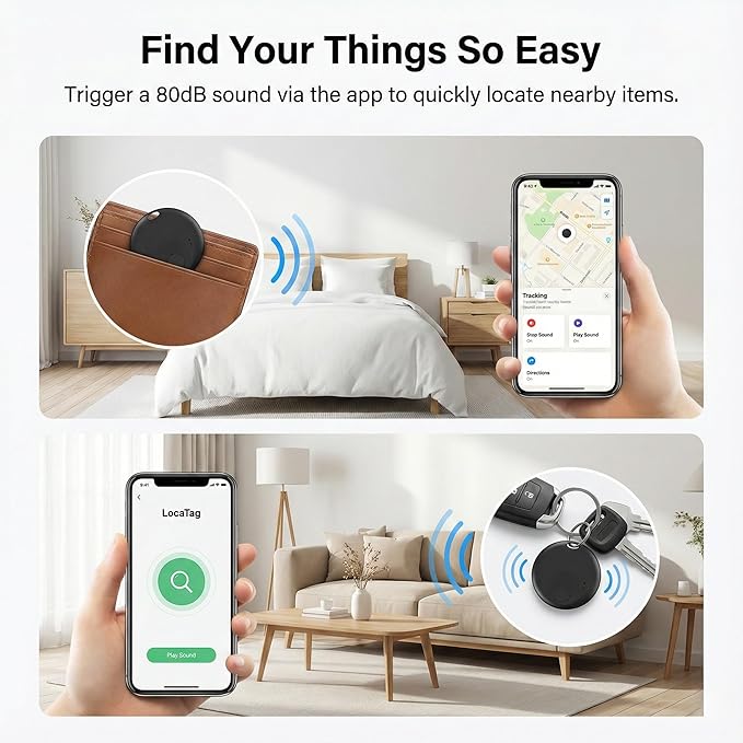 Air Tracker Tags-4 Pack, Bluetooth Tracker with Sound, Compatible with Google’s Find Hub (Android) and Apple Find My (iOS), for Keys, Wallets, Luggage, Pets, No Subscription (Black)