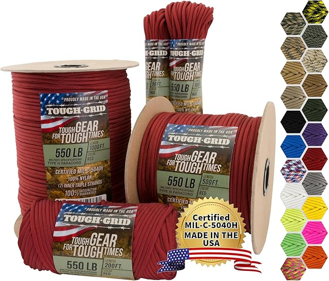 TOUGH-GRID 550 Paracord Rope Nylon Parachute Cord, Made in USA Survival Kit, Outdoor Adventures, Camping, Tactical Gear & Emergency Supplies, Military Type III Mil-Spec