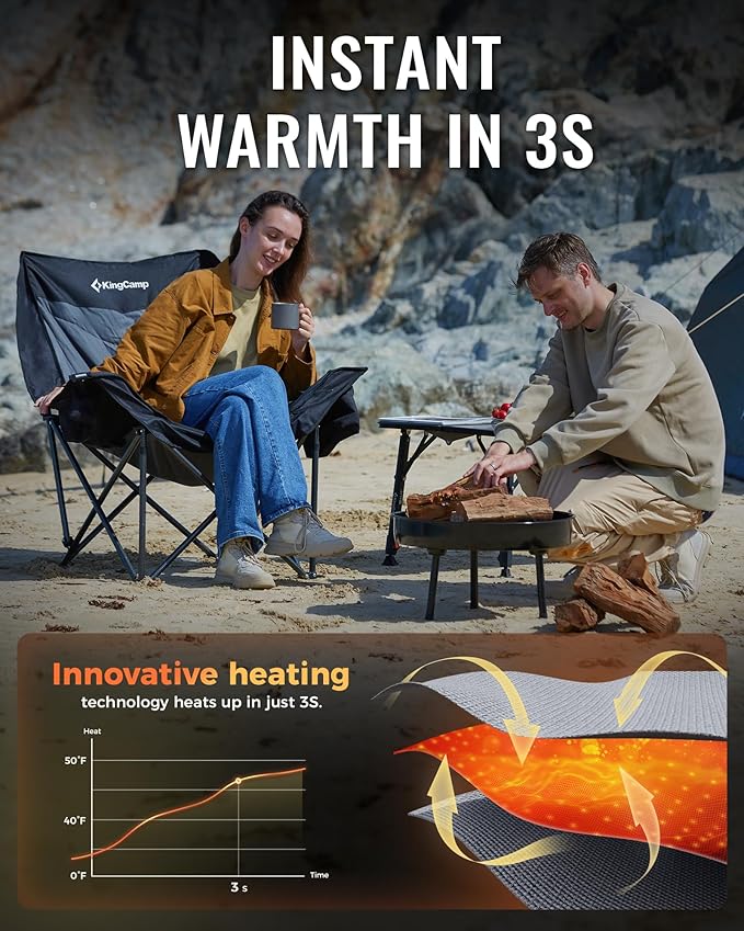 KingCamp Heated Oversized XL Camping Chair, Heavy Duty 500lbs Folding Couch for Adults, Padded Large Comfortable Sofa Seat 3 Heat Levels with Cooler Bag for Outdoor Sports Fishing Lawn, Black/Grey