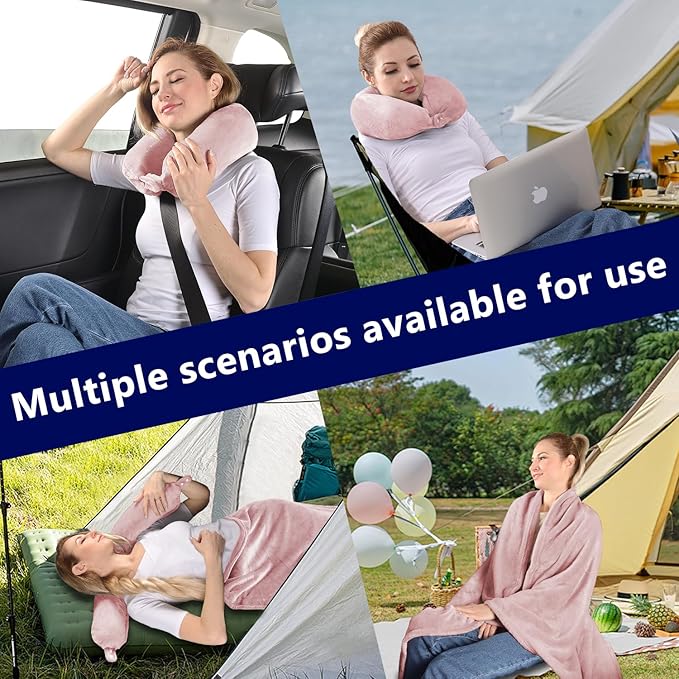 2 in 1 Travel Blanket, Soft Warm Blanket with Cozy Neck Pillow Case, Portable Blanket Set for Airplane, Camping, Car (Dusty Pink)