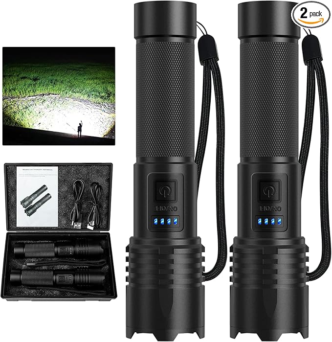 LED Flashlights High Lumens Rechargeable, 90000 Lumens Super Bright Flash Light Brightest Flashlight, 3 Modes IPX7 Waterproof, High Powered Tactical Flashlights for Camping Emergencies (2 Pack)