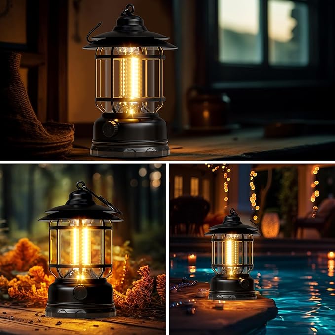 Retor LED Camping Lanterns Black 3 Pack 1500 LM Step-Less Dimming, Lightweight Battery Powered USB Rechargeable Flashlight Survival Kits Indoor Outdoor Home Camping Emergency Outages Hiking Light