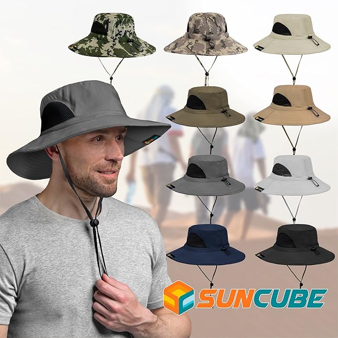 SUN CUBE Wide Brim Sun Hat Men Women, Fishing Hats Sun UV Protection, Mens Hiking Bucket Hat Safari Beach Boonie, UPF 50+