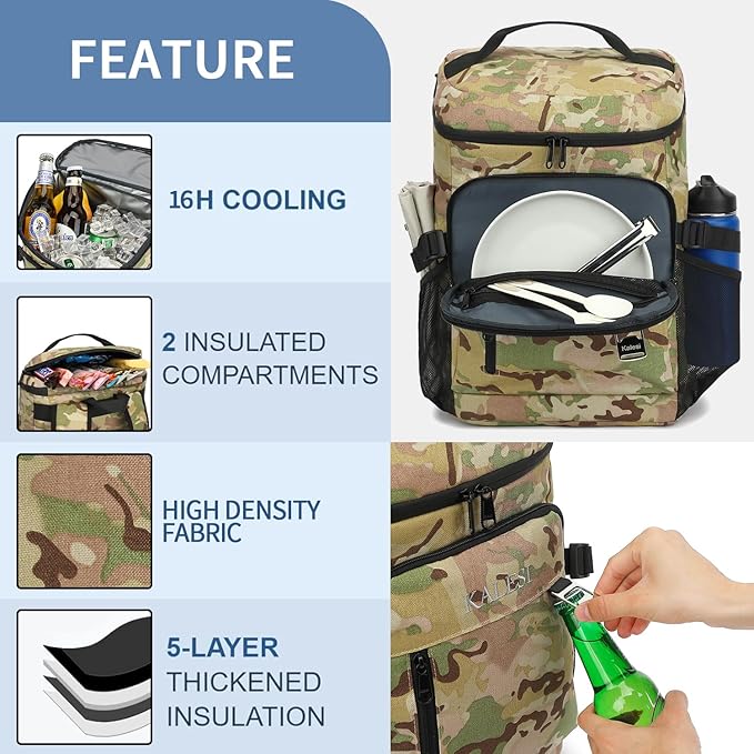 Kalesi Cooler Backpack 36 Cans Lightweight Insulated Backpack Cooler Leak-Proof Travel Camping Lunch Backpack Outdoor Cutlery Backpack for Men and Women