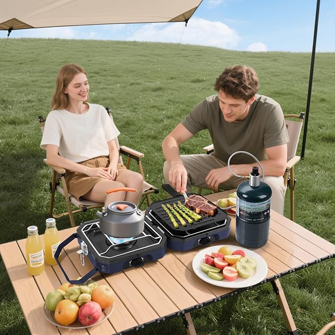 Adjustable 2-Burner Portable Stove with 16000 BTU, with Camping Grill and Carrying Bag, Portable Propane Camp Stove with 2 Burners & Piezo Ignition for Camping, Backyard BBQ,Tailgating (Blue)