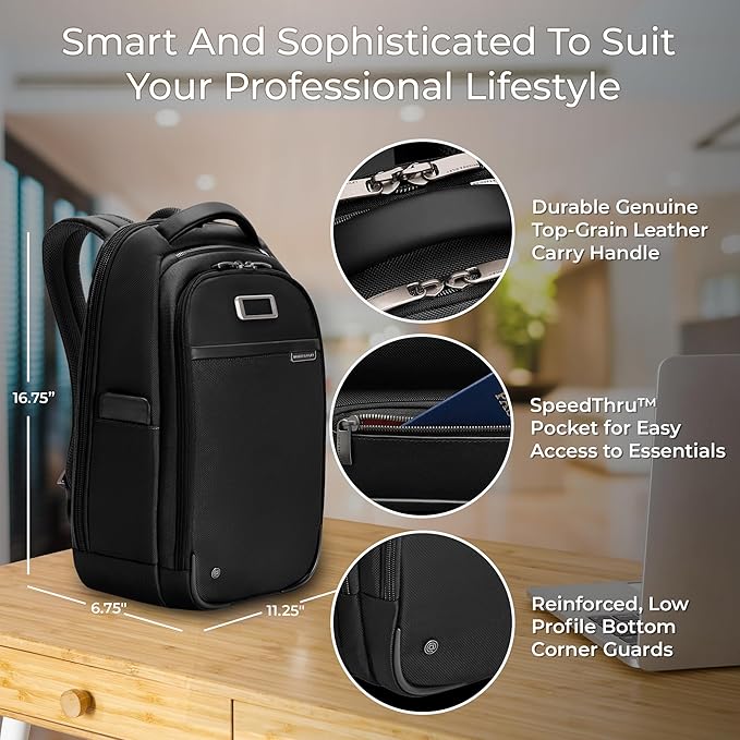 Briggs & Riley Slim Backpack for Women & Men - Laptop Backpack, For Work & Travel, Carry On Size, Lightweight & Durable, Padded Straps, Fits up to 14" Laptop - @work Collection, Black