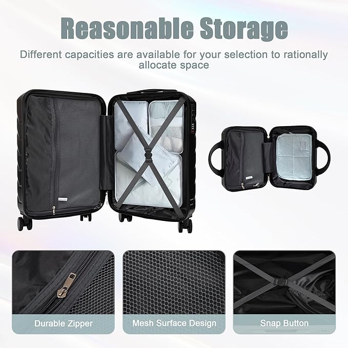 Kids Luggage Sets for Girls, 2 Piece Luggage Set, 20 Inch Rotating Wheel Suitcase with 14 Inch Cosmetic Case, Lightweight Hardshell Suitcase with 360° Spinner Wheels for Travel (Black)