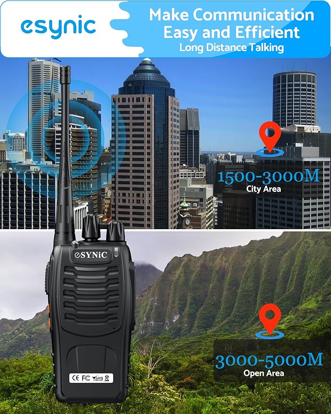 eSynic 3-Pack Professional Walkie Talkies - 5KM Long Range 16CH Durable Two-Way Radios with VOX- Includes 3 Headsets & LED Light, Rain-Resistant for Job Site/Camping/Hiking (3 Pack Family Set)