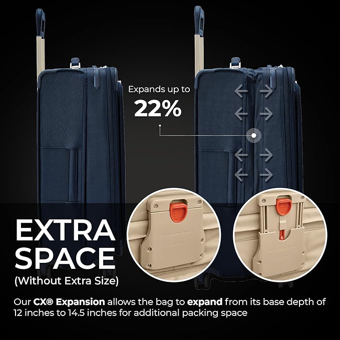 Briggs & Riley 29" Large Expandable Spinner - Checked Luggage for Travel, Suitcases with Wheels, Softside Rolling Bag for Men & Women, Self-Repairing Zipper - Baseline Collection, Navy