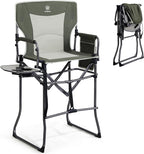 EVER ADVANCED Portable 30.7" Seat Height Tall Folding Camping Chair Directors Chair High Foldable Bar Stool with Side Table for Makeup Artist, Sports Event, Craft Show, Supports 350LBS Green Grey