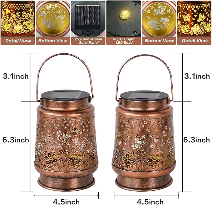 Solar Lanterns Outdoor Waterproof, 2 Pack Hummingbird & Butterfly Metal Hanging Solar Lantern, Gardening Gifts for Women Mom Grandma, Outdoor Lanterns for Yard Patio Pathway