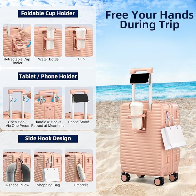 20 Inch Carry on Luggage 22x14x9 Airline Approved Hard Shell Suitcases with Wheels, Top Opening Expandable Carry on Luggage with Cup Holder Small Rolling Suitcase with Lock, Pink