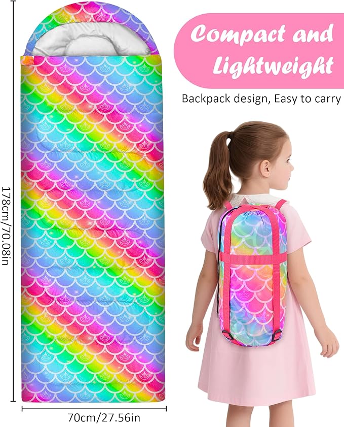 Kids Sleeping Bag for Kids Girls, 3 Season Warm Cool Weather Waterproof Lightweight Camping Sleeping Bag with Carry Bag for Indoor Outdoor Camping Hiking Traveling