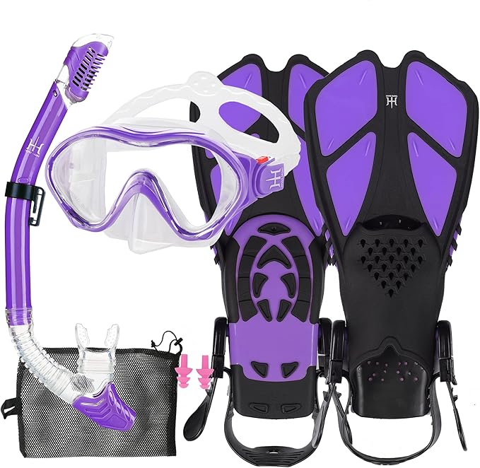 Kids Mask Fins Snorkel Set Snorkeling Packages, with Diving Mask, Snorkel, Adjustable Swim Fins, Mesh Bag, Anti-Fog Anti-Leak Snorkeling Gear for Kids for Snorkeling Swimming Diving