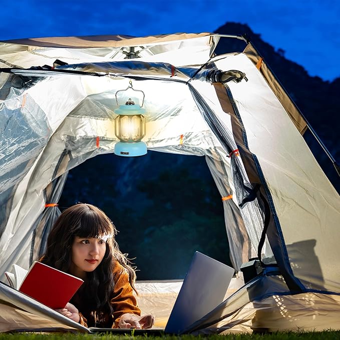 Rechargeable LED Camping Lanterns, 2000mAh Vintage Camping Lights Battery Operated Rechargeable , Hanging Retro Metal Hiking Tent Lamp for Emergency, Hurricane,Decoration,Home,Blue, 1 Pack