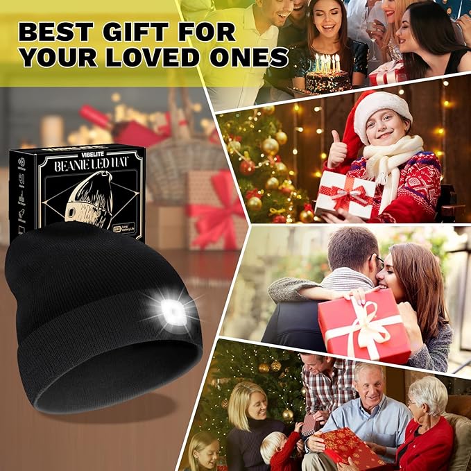 VIBELITE LED Beanie Hat with Light, USB Rechargeable LED Headlamp, Gifts for Men, Him, Husband, Boyfriend,Gifts for Dad, Husband, Father, Black