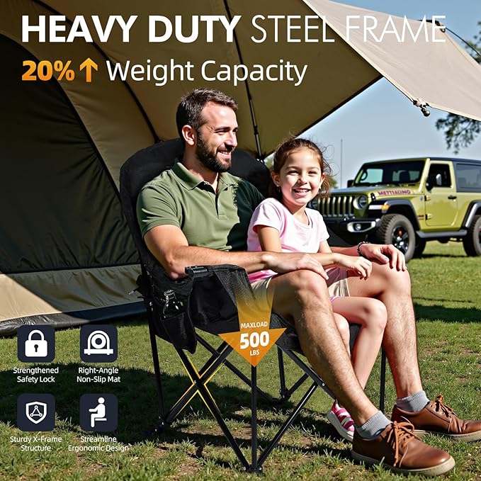 Oversized Camping Chairs for Adults - Heavy Duty Padded Outdoor Folding Lawn XL Camp Chair with Cup Holder Cooler Pockets for Outside Sports Beach Fishing Garden Portable Supports 500lbs, AllBlack
