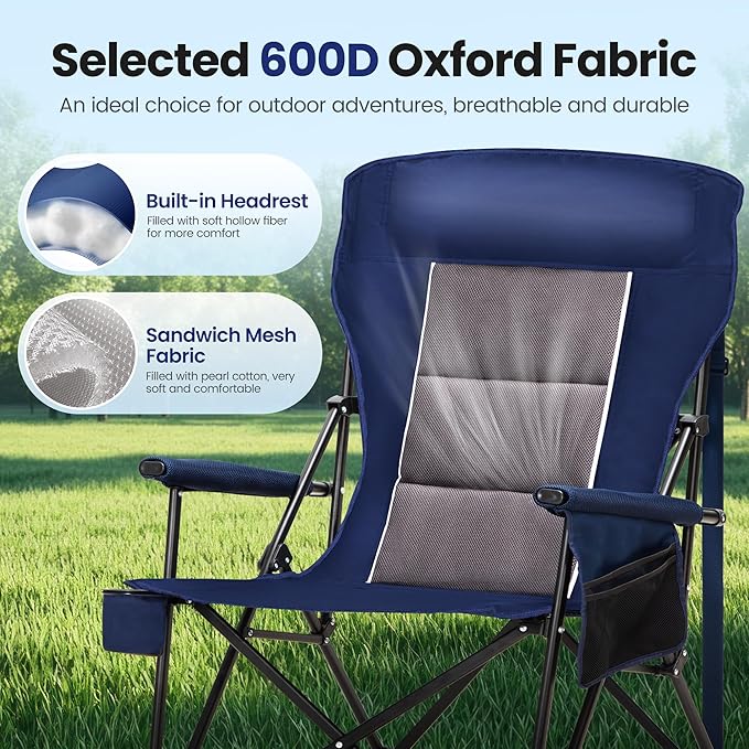 HIGH POINT SPORTS Oversized Camping Chairs for Adults, High Back Heavy Duty Lawn Folding Chair Support 500LBS, Padded Portable Outdoor Chair with Cup Holder, Blue