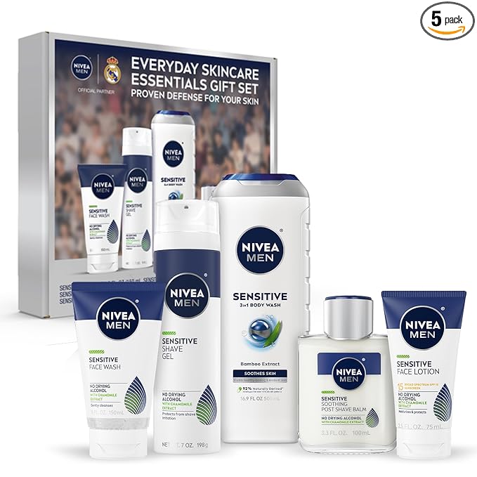 NIVEA MEN Sensitive Skin Care Set for Men, Face Wash, 5 Fl Oz + Body Wash, 16.9 Fl Oz + Shave Gel, 7 Oz + Soothing Post Shave Balm, 3.3 Fl Oz + Face Lotion SPF 15, 2.5 Fl Oz