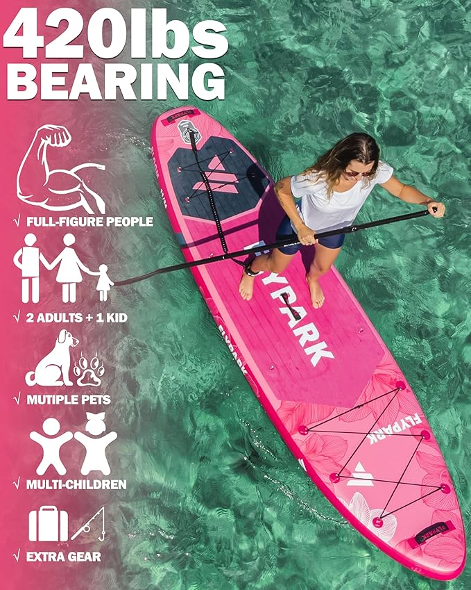 Flypark 11'x34 Inflatable Paddle Boards, Extra Wide SUP for 420lbs/3Adults, Yoga Stand Up Paddle Board, 110L Backpack, 15 D-Rings, Shoulder Strap, US-Fin, 2-Action Pump