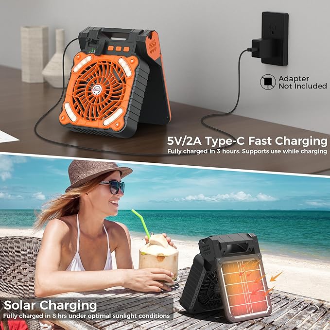 KITWLEMEN Solar Camping Fan with Lantern - Rechargeable Battery Operated Fan, 18H Run Time Max, 4 Speeds, 8H Timer, 90° Adjustable Portable Desk Fan for Hurricane, Power Outage, Outdoor Use
