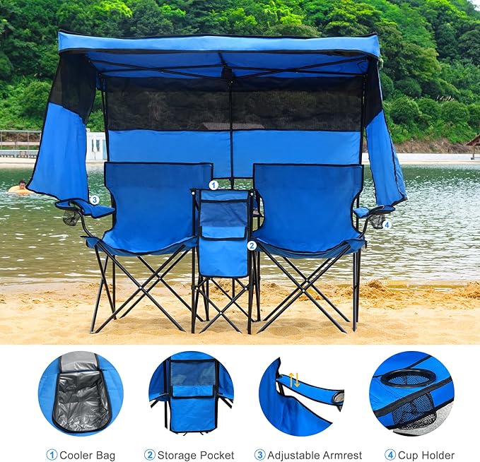 Double Beach Chair with Canopy Shade Heavy Duty Camping Chairs with Cup Holder Folding Loveseat for Outside Lawn