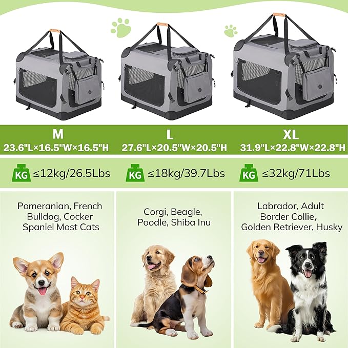 Morpilot 28-inch Portable Collapsible Dog Crate: Travel Dog Crate Soft-Sided for Small Medium Dogs up to 40lbs, with Foldable Bowl, Shoulder Strap & Storage Pockets, Grey