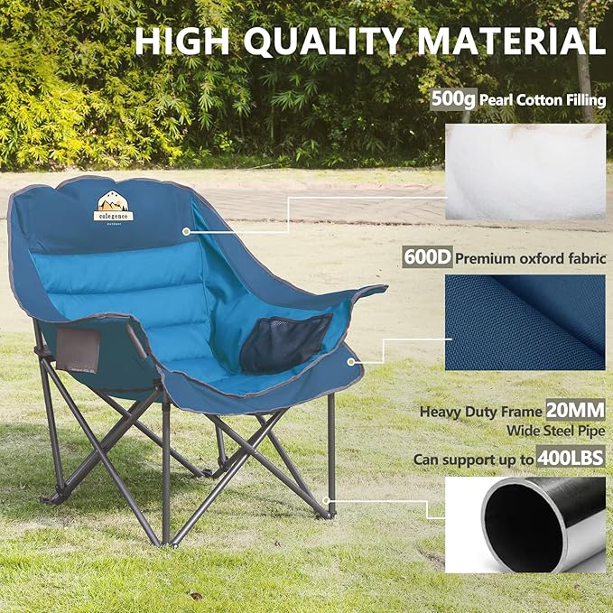 Colegence Oversized XL Padded Camping Chair Wide Heavy Duty Lawn Chairs Support 450 LBS Portable Folding Gaint Plus Camp Chair with Side Pocket Cup Holder for Outdoor Outside Sports Baseball-Blue