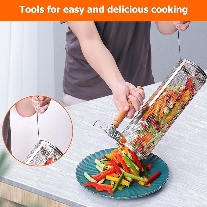 Rolling Grilling Baskets for Outdoor Grill Bbq Net Tube Stainless Steel Large Round Mesh Barbecue Accessories Must Have Cylinder Cage Picnic Gear Cooking Camping Basket for Veggies Vegetable Fish