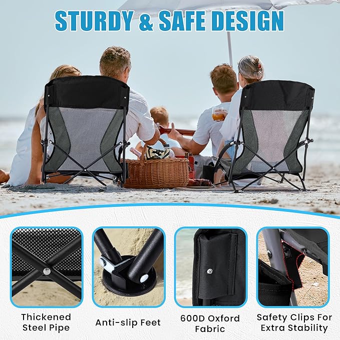 Lamberia Folding Beach Chair for Adults 2 Pack, Portable Low Beach Chairs with 300lbs Capacity, Lightweight Fodable Camping Chair for Travel, Picnic, Concert & Outdoor Activities, Black-Grey