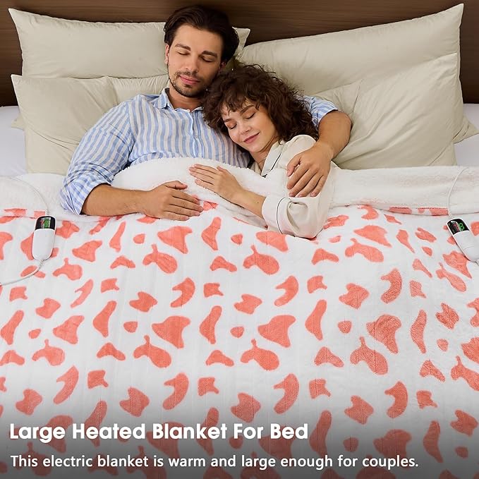 Cow Print Electric Heated Blanket Queen Size,84X90 Pink Heating Blanket Queen with Dual Control&Timer&10 Heat Levels,Cute Cow Decor Sherpa Blankets Warmer Gifts for Bed Women Adults,ETL