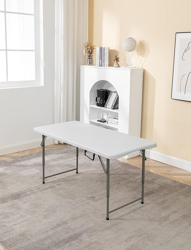 BTEXPERT Set of 2, 4 Feet Plastic Folding Table Height Adjustable Portable Carrying Handle Indoor Outdoor Picnic Camping Office Home Party, White, Fold in Half