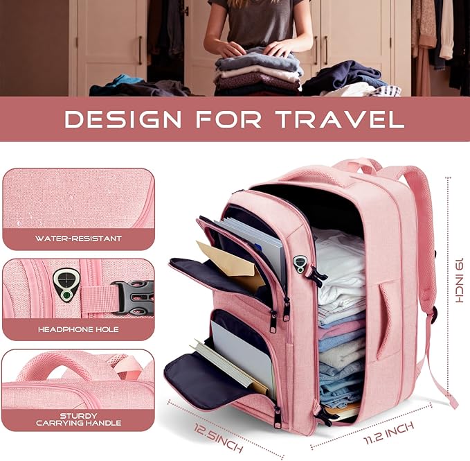 Travel Backpack for Women, Expandable Carry on Backpack, TSA 17.3 inch Laptop Bag Flight Approved, Lightweight Waterproof Business Luggage Bag, Travel Gifts for Women, Pink