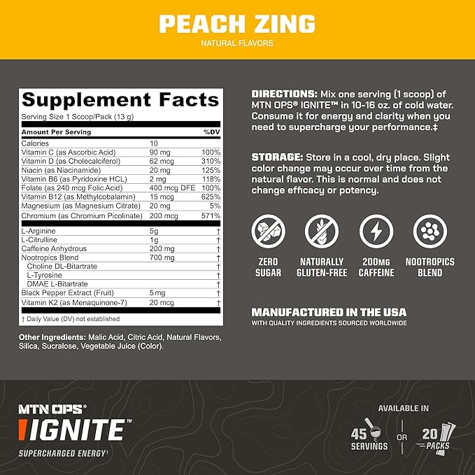 MTN OPS Ignite Energy Drink Powder, Gluten Free Nootropic Supplement Drink Mix, L Arginine, L Citrulline, Caffeine & Nootropic Sugar Free Drink Mix, 45 Servings, Peach Zing