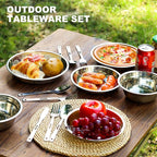 Camping Mess Kits - 28pcs Camping Dinnerware Set Camping Gifts Camping cookware Sets Camping Accessories Camping Cooking Utensils Set Bowls, Plates, Knives, Forks, Spoons