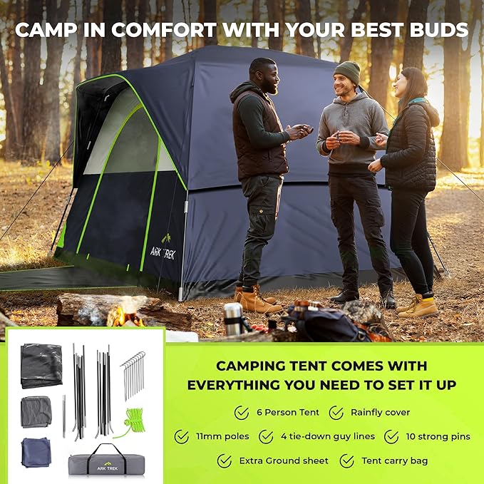 ArkTrek 6 Person Tents for Camping-Robust Family Camping Tent Cabin w Ground Sheet, Rainfly Cover, Powerport-Comfy Large Quick, Waterproof Pop up Camping Tent for Picnics Fishing Hiking