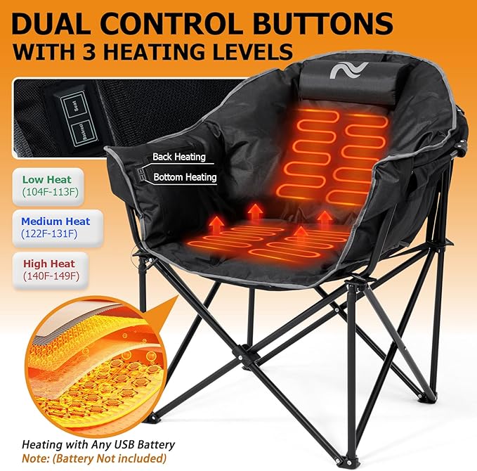 LILYPELLE Oversized Heated Camping Chair, Patio Lounge Chairs with 3 Heat Levels, Portable Folding Heated Chair Round Moon Saucer Folding Lawn Chair Outdoor Chair for Camping, Lounge Patio