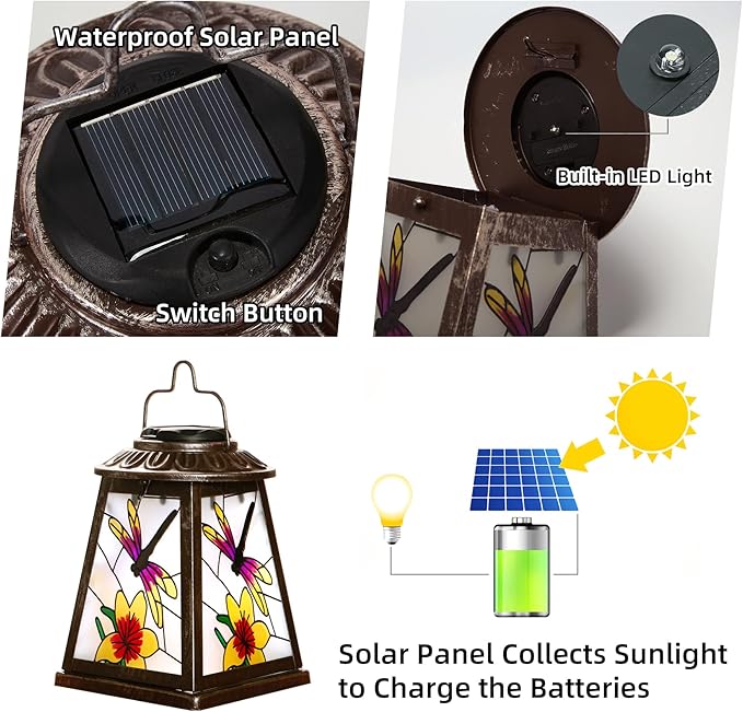 Solar Lantern with Shepherd Hook, Hanging Lantern with LED Lights, Outdoor Waterproof Solar Lanterns Metal Lamp Decoration Garden Patio Yard Pathway, Gifts for Mom Grandma Women, Dragonfly
