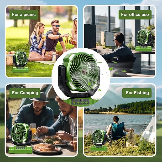 20000mAh Camping Fan with LED Lantern, 360° Oscillation, Remote Control, 4 Speed & Timer, Rechargeable Battery Powered Fan for Tent, Outdoor, Travel, Hurricane, Emergency, Power Outage (Green)