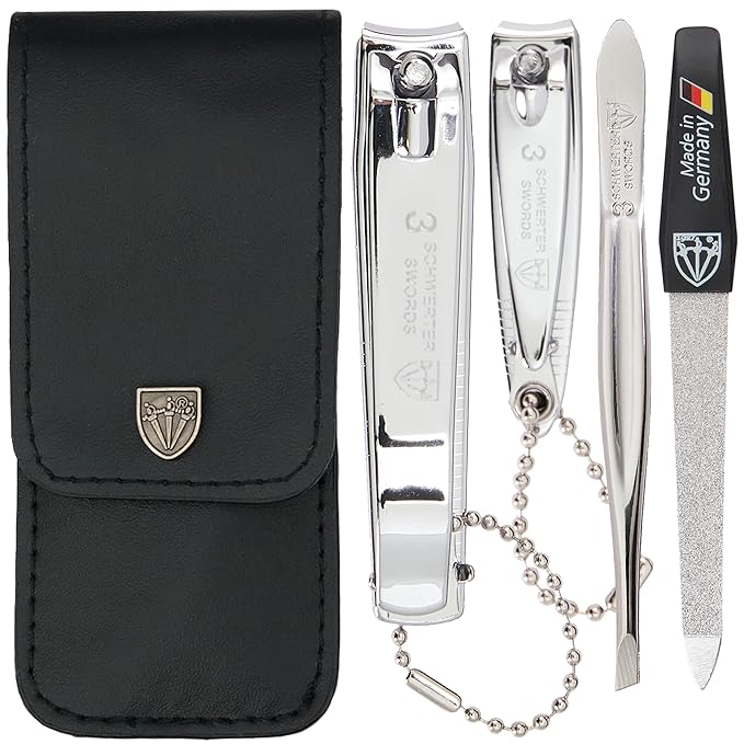 3 Swords Germany - Brand Quality 4 Piece Manicure Pedicure Grooming kit Set for Professional Finger & Toe Nail Care Tweezers File Clipper Fashion Leather case in Gift Box, Made by 3 Swords (77211)