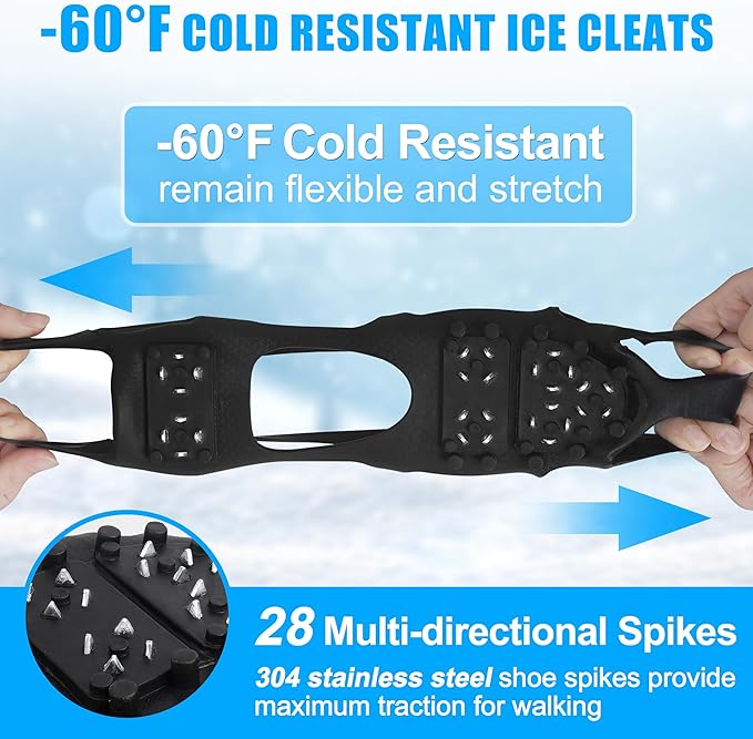 Ice Cleats Snow Traction Cleats Crampons for Shoes and Boots Men Women 28 Studs Anti Slip Shoe Grippers Overshoe Slip-on Stretch Footwear Spikes for Snow and Ice Fishing Winter Walking Hiking