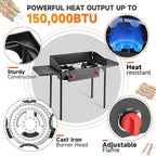 High Pressure Propane Stove, 2 Burner Outdoor Propane Burner with Windscreen ＆ Side Shelves, 150,000 BTU Gas Stove with 0-20 PSI Regulator for Camping, Backyard, Picnic, Outdoor Cooking