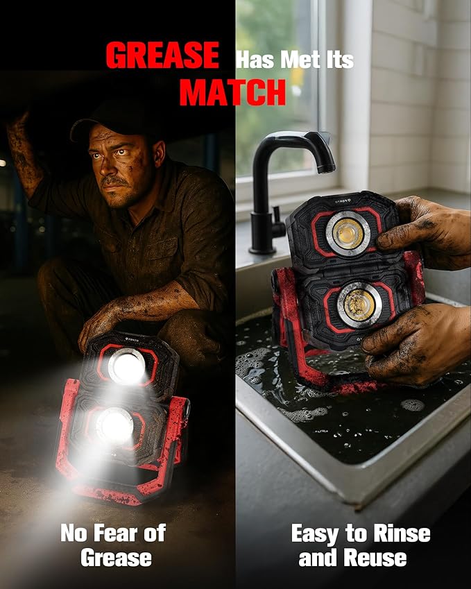 Rechargeable Magnetic Work Light – Dual Beam Design & Oil-Resistant Body, 360° Rotating with Dual Stands for Hands-Free Lighting in Garage, Workshop & Emergencies (Red)