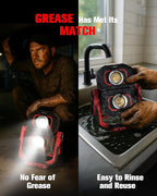 FORTO Rechargeable Magnetic Work Light 2 Pack – Dual Beam & 360° Rotating with Dual Stands, Oil-Resistant & Hands-Free Lighting for Garage, Workshop, Car Repair & Emergencies (Red)