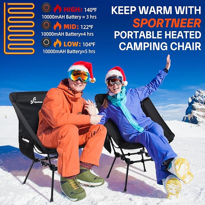 Sportneer Heated Chairs Outdoor Sports: Heated Camping Chair with USB Plug & 3 Heating Levels - Portable & Compact Heated Chair for Backpacking, Camping, Lawn, Picnic, Travel (Power Bank Not Included)