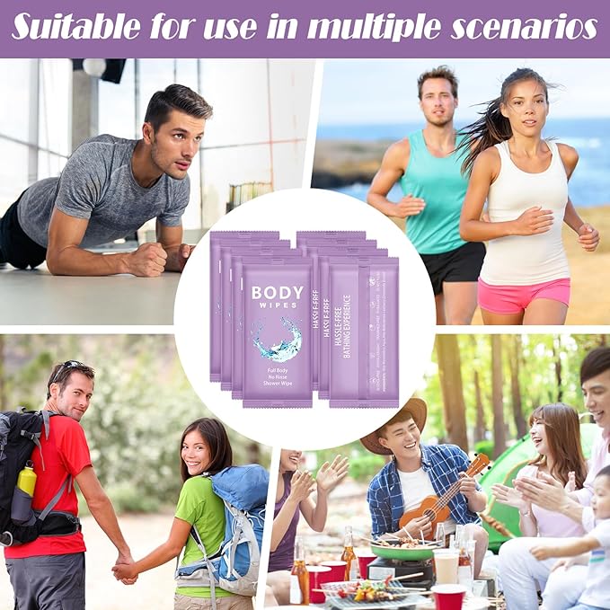 Treela 300 Pcs Bulk Deodorant Large Body Wipes Individually Wrapped Wet Wipes Travel Size for Adults Shower for Homeless Supplies Hygiene Personal Cleansing for Hiking Gym(7.09" X 9.84",Purple)